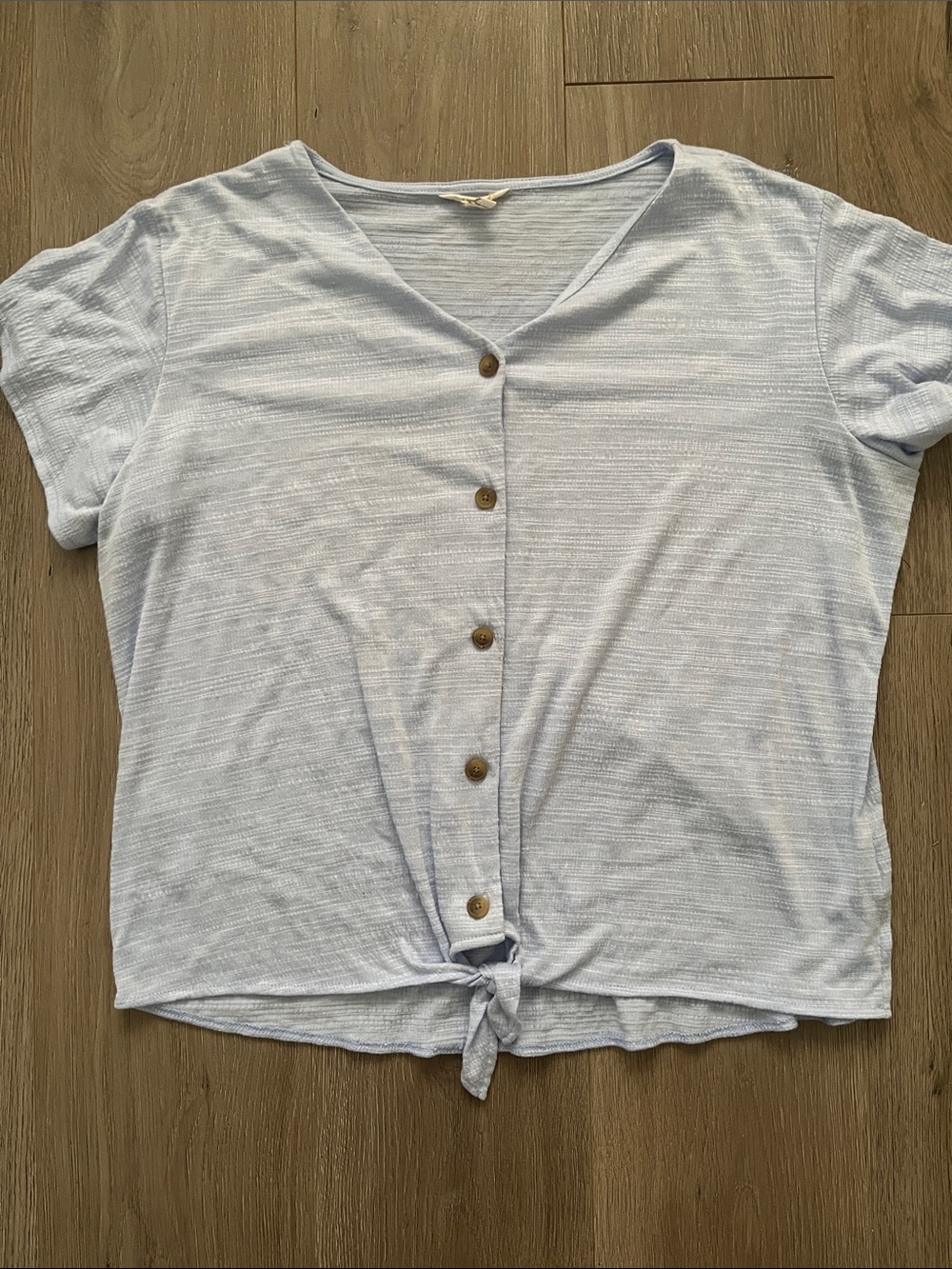Weatherproof Light Blue Button-Front Tie Hem Top